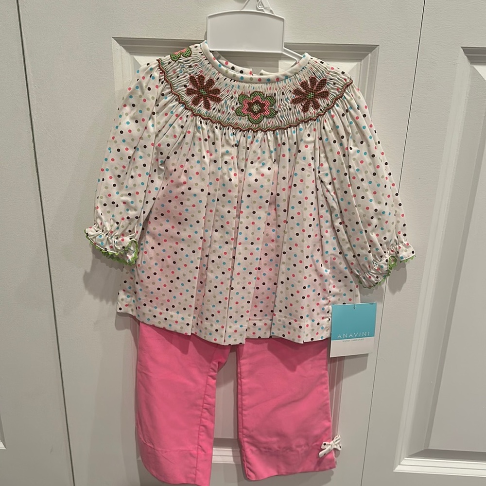 Anavini, pink corduroys and smocked polka  dot  top